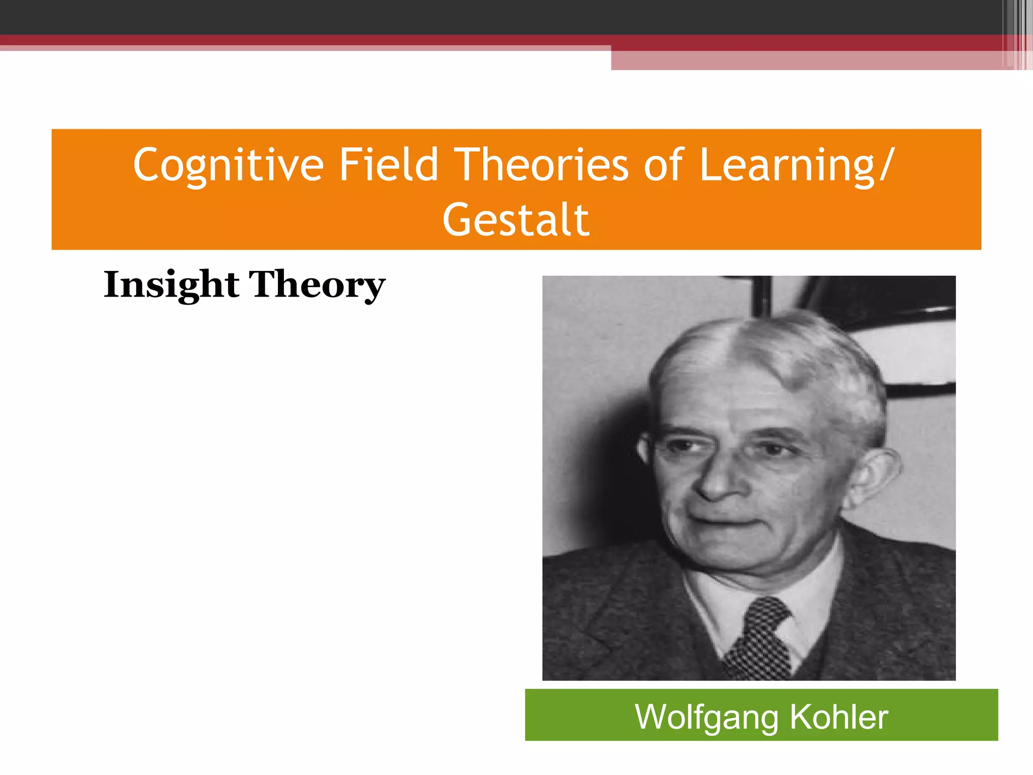 Cognitive Field Theories of Learning/
Gestalt
•
Insight Theory
Wolfgang Kohler
 