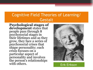 Cognitive Field Theories of Learning/
Gestalt
•
Psychological stages of
development states that
people pass through 8
psychosocial stages in
their lifetimes and as they
grow, they face a series of
psychosocial crises that
shape personality; each
crisis focuses on a
particular aspect of
personality and involves
the person's relationships
with others. Erik Erikson
 