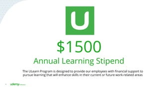 14
The ULearn Program is designed to provide our employees with financial support to
pursue learning that will enhance skills in their current or future work-related areas
$1500
Annual Learning Stipend
 