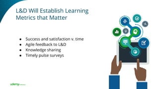 L&D Will Establish Learning
Metrics that Matter
● Success and satisfaction v. time
● Agile feedback to L&D
● Knowledge sharing
● Timely pulse surveys
 