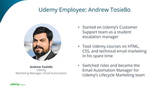 Udemy Employee: Andrew Tosiello
• Started on Udemy’s Customer
Support team as a student
escalation manager
• Took Udemy courses on HTML,
CSS, and technical email marketing
in his spare time
• Switched roles and became the
Email Automation Manager for
Udemy’s Lifecycle Marketing team
Andrew Tosiello
Udemy
Marketing Manager, Email Automation
 
