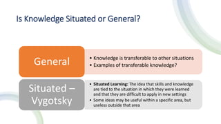 Is Knowledge Situated or General?
• Knowledge is transferable to other situations
• Examples of transferable knowledge?
General
• Situated Learning: The idea that skills and knowledge
are tied to the situation in which they were learned
and that they are difficult to apply in new settings
• Some ideas may be useful within a specific area, but
useless outside that area
Situated –
Vygotsky
 