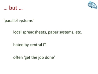 … but …
‘parallel systems’
local spreadsheets, paper systems, etc.
hated by central IT
often ‘get the job done’
 