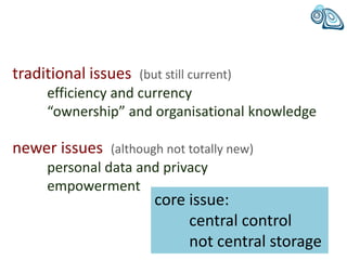 traditional issues (but still current)
efficiency and currency
“ownership” and organisational knowledge
newer issues (alth...