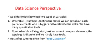 Data Science Perspective
• We differentiate between two types of variables:
1. Orderable – Numbers ,continuous metric we can say about each
pair of elements who is bigger and to estimate the delta. We have
many quantitative tools.
2. Non-orderable – Categorical, text we cannot compare elements, the
topology is discrete and we hardly have tools.
• Most of us suffered once from “type 2 aversion”
 
