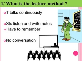 1/ What is the lecture method ?
T

talks continuously

Sts

listen and write notes
Have to remember
No

conversation

 