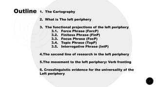 2
Outline 1. The Cartography
2. What is The left periphery
3. The functional projections of the left periphery
3.1. Force ...
