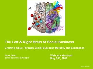 The Left & Right Brain of Social Business
Creating Value Through Social Business Maturity and Excellence

Rawn Shah                          Webcom Montreal
Social Business Strategist         May 16th, 2012

                                                           © 2012 Rawn Shah
 