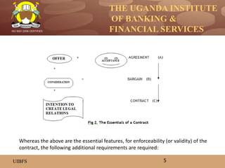 THE UGANDA INSTITUTE
OF BANKING &
FINANCIAL SERVICES
UIBFS
ISO 9001:2008 CERTIFIED
5
Whereas the above are the essential features, for enforceability (or validity) of the
contract, the following additional requirements are required:
 