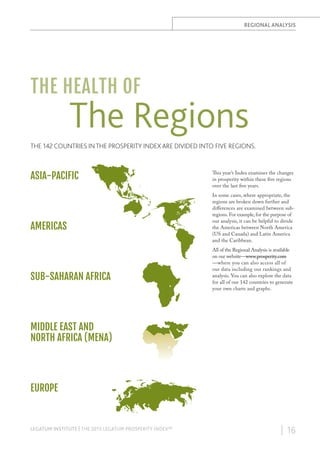 REGIONAL ANALYSIS

THE HEALTH OF

The Regions

THE 142 COUNTRIES IN THE PROSPERITY INDEX ARE DIVIDED INTO FIVE REGIONS.

ASIA-PACIFIC

AMERICAS

SUB-SAHARAN AFRICA

This year’s Index examines the changes
in prosperity within these five regions
over the last five years.
In some cases, where appropriate, the
regions are broken down further and
differences are examined between subregions. For example, for the purpose of
our analysis, it can be helpful to divide
the Americas between North America
(US and Canada) and Latin America
and the Caribbean.
All of the Regional Analysis is available
on our website—www.prosperity.com
—where you can also access all of
our data including our rankings and
analysis. You can also explore the data
for all of our 142 countries to generate
your own charts and graphs.

MIDDLE EAST AND
NORTH AFRICA (MENA)

EUROPE

LEGATUM INSTITUTE | THE 2013 LEGATUM PROSPERITY INDEX™

| 16

 