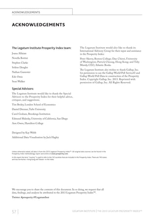 ACKNOWLEDGEMENTS

ACKNOWLEDGEMENTS

The Legatum Institute Prosperity Index team:

The Legatum Institute would also like to thank its
International Advisory Group for their input and assistance
in the Prosperity Index:

Joana Alfaiate
Novella Bottini

Peter Skerry, Boston College; Dan Chirot, University
of Washington; Patrick Cheung, Hong Kong; and Toby
Mundy, CEO, Atlantic Books.

Stephen Clarke
Solène Dengler

The Legatum Institute also wishes to thank Gallup, Inc.
for permission to use the Gallup World Poll Service© and
Gallup World Poll Data in construction of the Prosperity
Index. Copyright Gallup, Inc. 2013. Reprinted with
permission of Gallup, Inc. All Rights Reserved.

Nathan Gamester
Edo Omic
Sean Walker

Special Advisors:
The Legatum Institute would like to thank the Special
Advisors to the Prosperity Index for their helpful advice,
critiques, and suggestions.
Tim Besley, London School of Economics
Daniel Drezner, Tufts University
Carol Graham, Brookings Institution
Edmund Malesky, University of California, San Diego
Ann Owen, Hamilton College
Designed by Kay Webb
Additional Data Visualisation by Jack Hagley

Unless otherwise stated, all data is from the 2013 Legatum Prosperity Index™. All original data sources can be found in the
Prosperity Index methodology report and online at www.prosperity.com.
In this report the term “country” is used to refer to the 142 societies that are included in the Prosperity Index. There are 140 states
and two territories—Hong Kong and Taiwan—in the Index.

We encourage you to share the contents of this document. In so doing, we request that all
data, findings, and analysis be attributed to the 2013 Legatum Prosperity Index™.
Twitter: #prosperity @LegatumInst

57 |

LEGATUM INSTITUTE | THE 2013 LEGATUM PROSPERITY INDEX™

 