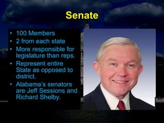 Senate 100 Members  2 from each state More responsible for legislature than reps. Represent entire State as opposed to district. Alabama’s senators are Jeff Sessions and Richard Shelby. 