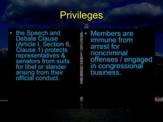 Privileges the Speech and Debate Clause (Article I, Section 6, Clause 1) protects representatives & senators from suits for libel or slander arising from their official conduct. Members are immune from arrest for noncriminal offenses / engaged in congressional business.  