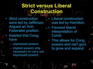 Strict versus Liberal Construction Strict construction were led by Jefferson. Argued an Anti-Federalist position. Insisted that Cong. have expressed powers implied powers only necessary to carry out expressed powers. Liberal construction was led by Hamilton. Favored liberal interpretation of Const. This allows for Cong. powers and nat’l govt. to grow and expand. 