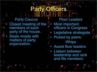 Party Officers Party Caucus Closed meeting of the members of each party of the house. Deals mostly with matters of party organization. Floor Leaders Most important officers in Congress Legislative strategists. Picked by peers. Whips Assist floor leaders Liaison between leadership and rank and file members. 