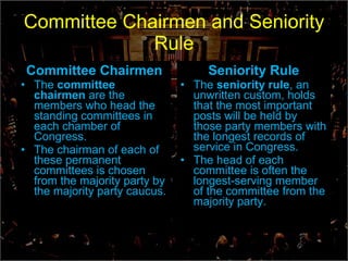 Committee Chairmen and Seniority Rule Committee Chairmen The  committee chairmen  are the members who head the standing committees in each chamber of Congress. The chairman of each of these permanent committees is chosen from the majority party by the majority party caucus. Seniority Rule The  seniority rule , an unwritten custom, holds that the most important posts will be held by those party members with the longest records of service in Congress. The head of each committee is often the longest-serving member of the committee from the majority party. 