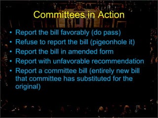 Committees in Action Report the bill favorably (do pass) Refuse to report the bill (pigeonhole it) Report the bill in amended form  Report with unfavorable recommendation Report a committee bill (entirely new bill that committee has substituted for the original) 