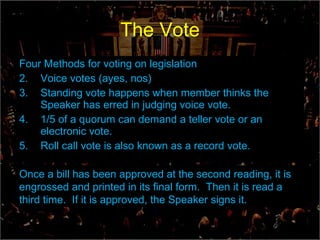 The Vote Four Methods for voting on legislation Voice votes (ayes, nos) Standing vote happens when member thinks the Speaker has erred in judging voice vote. 1/5 of a quorum can demand a teller vote or an electronic vote. Roll call vote is also known as a record vote. Once a bill has been approved at the second reading, it is engrossed and printed in its final form.  Then it is read a third time.  If it is approved, the Speaker signs it. 