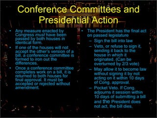Conference Committees and Presidential Action Any measure enacted by Congress  must  have been passed by both houses in identical form. If one of the houses will not accept the other’s version of a bill, a conference committee is formed to iron out the differences. Once a conference committee completes work on a bill, it is returned to both houses for final approval. It must be accepted or rejected without amendment. The President has the final act on passed legislature Sign the bill into law Veto, or refuse to sign it, sending it back to the house in which it originated. (Can be overturned by 2/3 vote) May allow it to become law without signing it by not acting on it within 10 days of Cong. approval. Pocket Veto. If Cong. adjourns it session within 10 days of submitting a bill and  the  President does not act, the bill dies. 