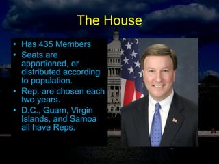 The House Has 435 Members Seats are apportioned, or distributed according to population. Rep. are chosen each two years. D.C., Guam, Virgin Islands, and Samoa all have Reps. 