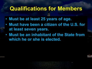 Qualifications for Members Must be at least 25 years of age. Must have been a citizen of the U.S. for at least seven years. Must be an inhabitant of the State from which he or she is elected. 