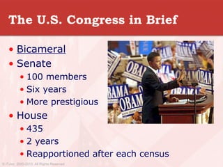 The U.S. Congress in Brief
• Bicameral
• Senate
• 100 members
• Six years
• More prestigious
• House
• 435
• 2 years
• Reapportioned after each census
© iTutor. 2000-2013. All Rights Reserved
 