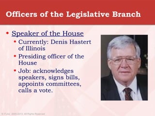 Officers of the Legislative Branch
• Speaker of the House
• Currently: Denis Hastert
of Illinois
• Presiding officer of the
House
• Job: acknowledges
speakers, signs bills,
appoints committees,
calls a vote.
© iTutor. 2000-2013. All Rights Reserved
 