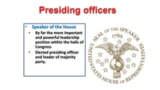 • Speaker of the House 
• By far the more important 
and powerful leadership 
position within the halls of 
Congress 
• Elected presiding officer 
and leader of majority 
party. 
 