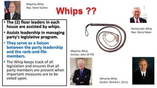 • The (2) floor leaders in each 
house are assisted by whips. 
• Assists leadership in managing 
party's legislative program. 
• They serve as a liaison 
between the party leadership 
and the rank-and-file 
members. 
• The Whip keeps track of all 
legislation and ensures that all 
party members are present when 
important measures are to be 
voted upon. Minority Whip 
Durbin, Richard J. (D-IL) 
Majority Whip 
Cornyn, John (R-TX) 
Majority Whip 
Rep. Steve Scalise 
Democratic Whip 
Rep. Steny Hoyer 
 