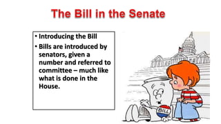 • Introducing the Bill 
• Bills are introduced by 
senators, given a 
number and referred to 
committee – much like 
what is done in the 
House. 
 