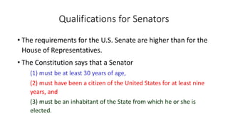 Qualifications for Senators 
• The requirements for the U.S. Senate are higher than for the 
House of Representatives. 
• The Constitution says that a Senator 
(1) must be at least 30 years of age, 
(2) must have been a citizen of the United States for at least nine 
years, and 
(3) must be an inhabitant of the State from which he or she is 
elected. 
 
