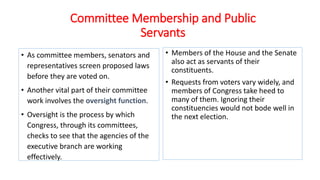 Committee Membership and Public 
Servants 
• As committee members, senators and 
representatives screen proposed laws 
before they are voted on. 
• Another vital part of their committee 
work involves the oversight function. 
• Oversight is the process by which 
Congress, through its committees, 
checks to see that the agencies of the 
executive branch are working 
effectively. 
• Members of the House and the Senate 
also act as servants of their 
constituents. 
• Requests from voters vary widely, and 
members of Congress take heed to 
many of them. Ignoring their 
constituencies would not bode well in 
the next election. 
 
