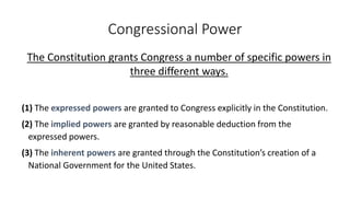 Congressional Power 
The Constitution grants Congress a number of specific powers in 
three different ways. 
(1) The expressed powers are granted to Congress explicitly in the Constitution. 
(2) The implied powers are granted by reasonable deduction from the 
expressed powers. 
(3) The inherent powers are granted through the Constitution’s creation of a 
National Government for the United States. 
 