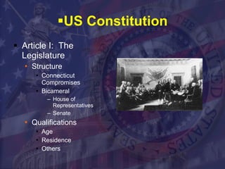 US Constitution Article I:  The Legislature Structure Connecticut Compromises Bicameral House of Representatives  Senate Qualifications Age Residence Others 