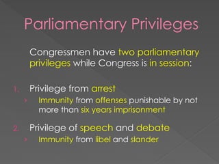 Parliamentary Privileges
Congressmen have two parliamentary
privileges while Congress is in session:
1. Privilege from arrest
› Immunity from offenses punishable by not
more than six years imprisonment
2. Privilege of speech and debate
› Immunity from libel and slander
 