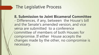 The Legislative Process
8. Submission to Joint Bicameral Committee
- Differences, if any, between the House's bill
and the Senate's amended version, and vice
versa are submitted to a conference
committee of members of both Houses for
compromise. If either House accepts the
changes made by the other, no compromise is
necessary.
 