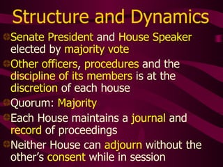Structure and Dynamics
Senate President and House Speaker
elected by majority vote
Other officers, procedures and the
discipline of its members is at the
discretion of each house
Quorum: Majority
Each House maintains a journal and
record of proceedings
Neither House can adjourn without the
other’s consent while in session
 