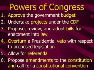 Powers of Congress
1. Approve the government budget
2. Undertake projects under the CDF
3. Propose, review, and adopt bills for
enactment into law
4. Overturn a Presidential veto with respect
to proposed legislation
5. Allow for referenda
6. Propose amendments to the constitution
and call for a constitutional convention
 