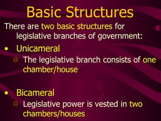 Basic Structures
There are two basic structures for
legislative branches of government:
• Unicameral
The legislative branch consists of one
chamber/house
• Bicameral
Legislative power is vested in two
chambers/houses
 