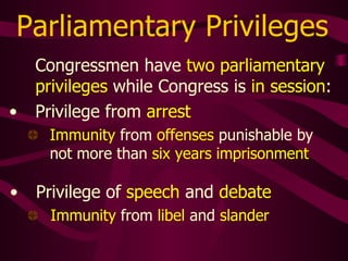 Parliamentary Privileges
Congressmen have two parliamentary
privileges while Congress is in session:
• Privilege from arrest
Immunity from offenses punishable by
not more than six years imprisonment
• Privilege of speech and debate
Immunity from libel and slander
 
