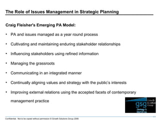 The Role of Issues Management in Strategic Planning Craig Fleisher's Emerging PA Model: <ul><li>PA and issues managed as a...