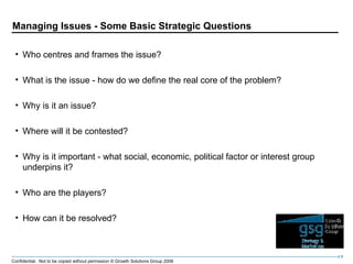Managing Issues - Some Basic Strategic Questions <ul><li>Who centres and frames the issue? </li></ul><ul><li>What is the i...