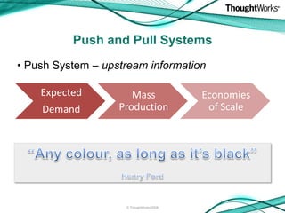 Push and Pull Systems
• Push System – upstream information

    Expected          Mass                Economies
    Demand         Production              of Scale




                    © ThoughtWorks 2008
 
