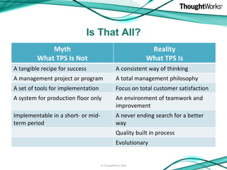 Is That All? © ThoughtWorks 2008 Myth What TPS Is Not Reality What TPS Is A tangible recipe for success A consistent way o...