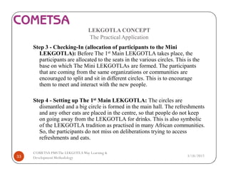 LEKGOTLA CONCEPT
The Practical Application
Step 3 - Checking-In (allocation of participants to the Mini
LEKGOTLA): Before The 1st Main LEKGOTLA takes place, the
participants are allocated to the seats in the various circles. This is the
base on which The Mini LEKGOTLAs are formed. The participants
that are coming from the same organizations or communities are
encouraged to split and sit in different circles. This is to encourage
them to meet and interact with the new people.
Step 4 - Setting up The 1st Main LEKGOTLA: The circles are
dismantled and a big circle is formed in the main hall. The refreshments
and any other eats are placed in the centre, so that people do not keep
on going away from the LEKGOTLA for drinks. This is also symbolic
of the LEKGOTLA tradition as practised in many African communities.
So, the participants do not miss on deliberations trying to access
refreshments and eats.
3/18/201733
COMETSA PMSThe LEKGOTLAWay Learning &
Development Methodology
 