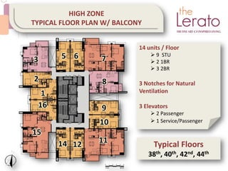 14 units / Floor
 9 STU
 2 1BR
 3 2BR
3 Notches for Natural
Ventilation
3 Elevators
 2 Passenger
 1 Service/Passenger
Typical Floors
38th, 40th, 42nd, 44th
HIGH ZONE
TYPICAL FLOOR PLAN W/ BALCONY
 