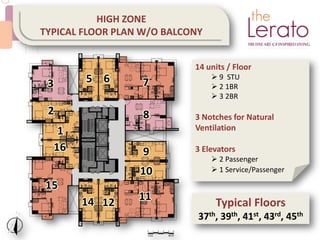 14 units / Floor
 9 STU
 2 1BR
 3 2BR
3 Notches for Natural
Ventilation
3 Elevators
 2 Passenger
 1 Service/Passenger
Typical Floors
37th, 39th, 41st, 43rd, 45th
HIGH ZONE
TYPICAL FLOOR PLAN W/O BALCONY
 