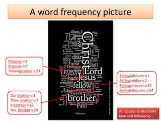 A word frequency picture



Prisoner v.1
Prisoner v.9
Fellowprisoner v.23
                                 Fellowlabourer v.1
                                 Fellowsoldier v.2
                                 Fellowprisoner v.23
                                 Fellowlabourers v.24
 Our brother v.1
 Thee, brother v.7
 A brother v.16
 Yea, brother v.20               An appeal to Brotherly
                                 love and fellowship...
 