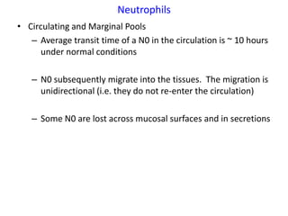 Neutrophils
• Circulating and Marginal Pools
   – Average transit time of a N0 in the circulation is ~ 10 hours
      under normal conditions

   – N0 subsequently migrate into the tissues. The migration is
     unidirectional (i.e. they do not re-enter the circulation)

   – Some N0 are lost across mucosal surfaces and in secretions
 
