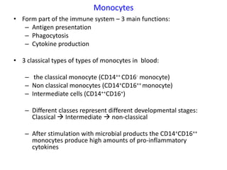 Monocytes
• Form part of the immune system – 3 main functions:
   – Antigen presentation
   – Phagocytosis
   – Cytokine production

• 3 classical types of types of monocytes in blood:

   – the classical monocyte (CD14++ CD16- monocyte)
   – Non classical monocytes (CD14+CD16++ monocyte)
   – Intermediate cells (CD14++CD16+)

   – Different classes represent different developmental stages:
     Classical  Intermediate  non-classical

   – After stimulation with microbial products the CD14+CD16++
     monocytes produce high amounts of pro-inflammatory
     cytokines
 